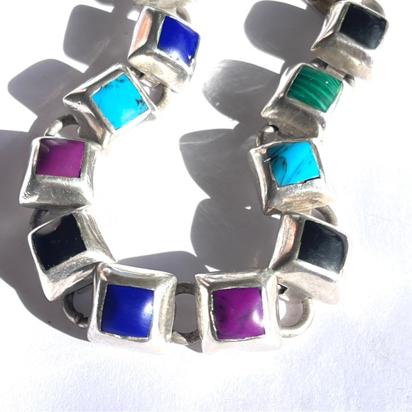 Vintage Mexico Sterling Silver Multi-Colored Gemstones Square Panels Bracelet - Picture 3 of 10
